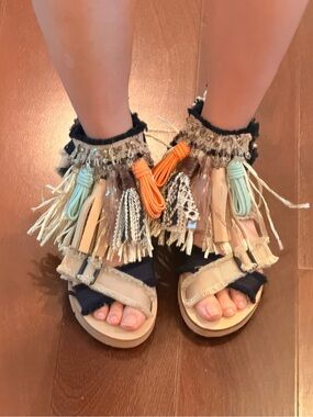 MSGM Boho Tassel Fringe Sandals in Navy, Beige, Mint & Orange